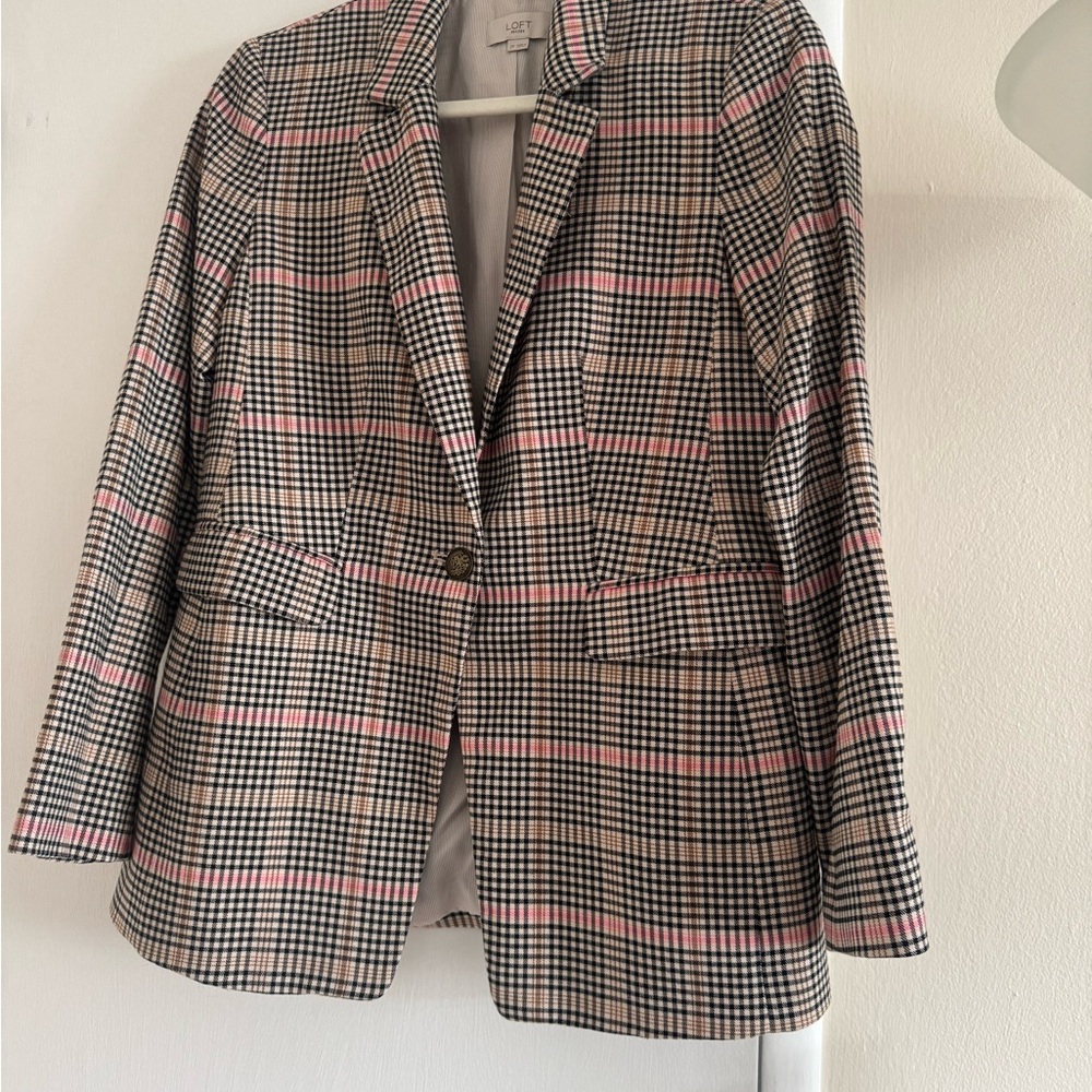 LOFT Pink and Black Plaid Blazer